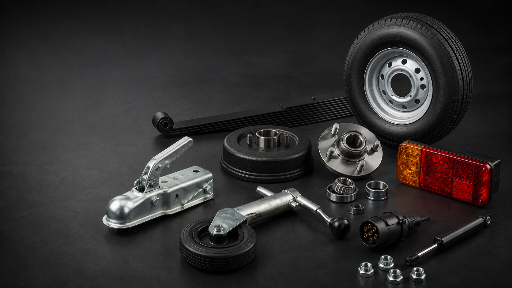 Coupler, jockey wheel, bearings, brake drum, lamp and trailer spares in a dark studio